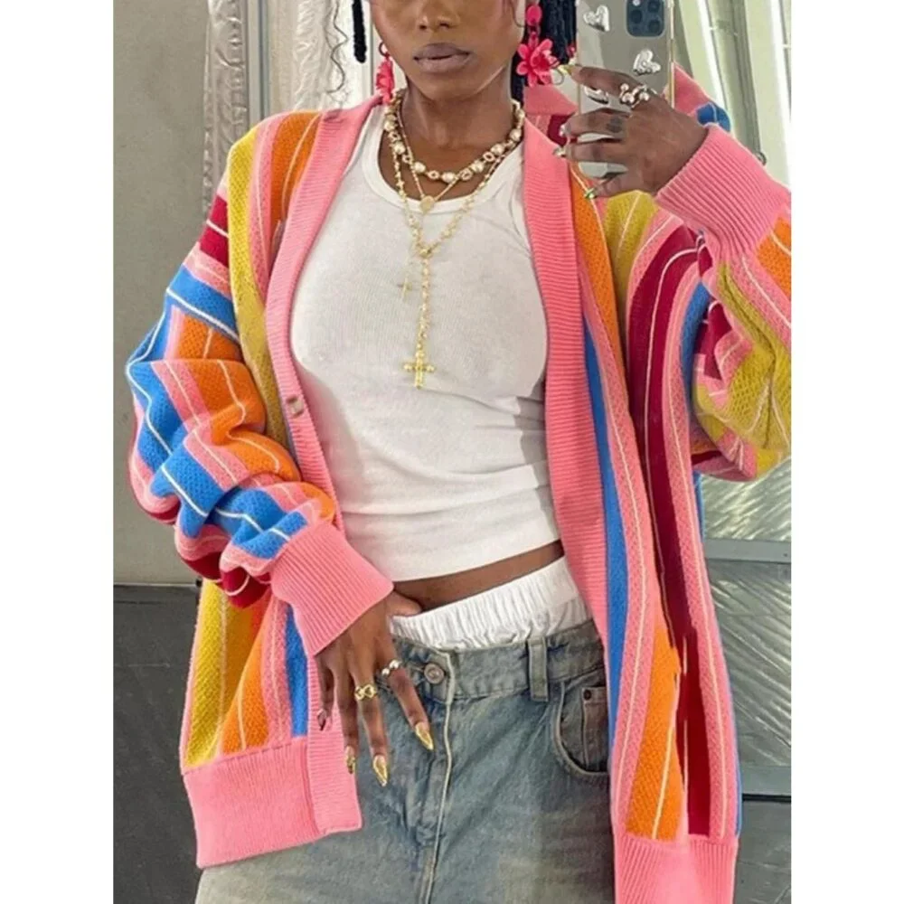Women's Rainbow Striped Long Sleeve Button V Neck Block Knit Loose Sweater Coat - Picture 2 of 6